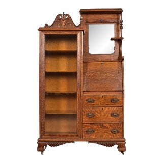 Antique Victorian Carved Tiger Oak Side-by-Side Bookcase With Drop Front Secretary Desk, Circa 1900 For Sale