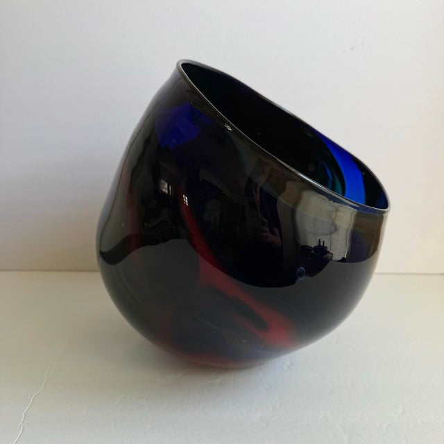 Vintage Blue Art Glass Vase Organic Bowl XL Center Piece Red Green Swirl For Sale - Image 6 of 11
