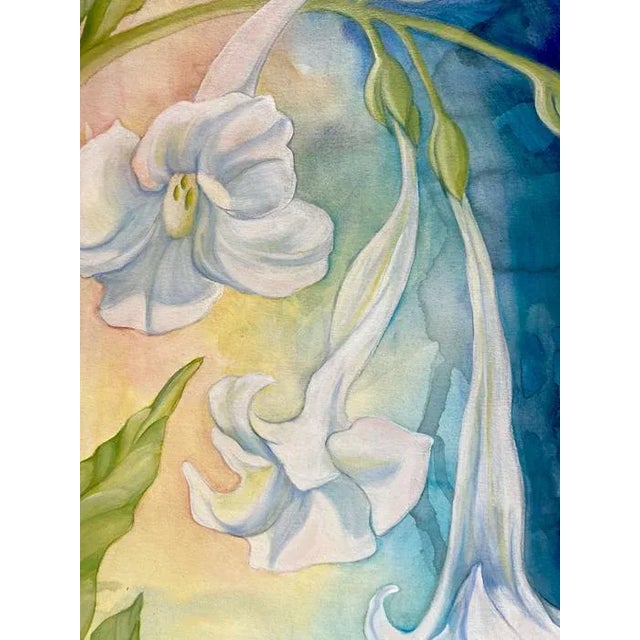 A contemporary colorful floral painting. This uplifting art piece would look great in a variety of settings. A dramatic,...