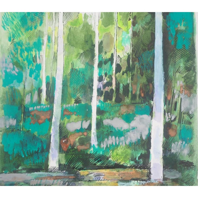 Maurice Genis Fauve landscape: The birches Original watercolor drawing Signed in ink by the artist On paper 48 x 38cm...