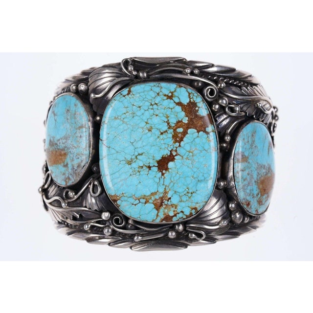 Huge Navajo Sterling and Turquoise cuff by Augustine Largo. 8" including the&lt;br&gt;1.5" gap, 2.5" wide in center, 149.2...