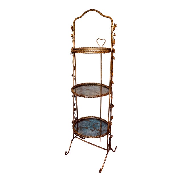 1950s Italian Gold Gilt Étagère Three-Tiers Foldable Serving Tray Table For Sale