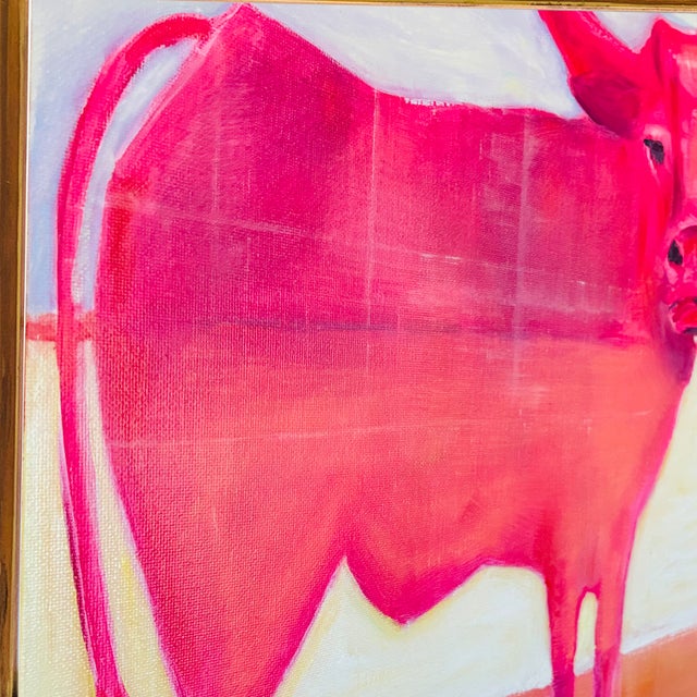 Western Country Cowboy Pink Longhorn Steer Original Oil Painting, in Teak Wood Frame by Tatiana Duperault For Sale - Image 4 of 5