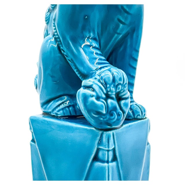Vintage Chinese Turquoise Blue Glazed Foo Dog – Guardian Lion – Hollywood Regency / Chinoiserie For Sale - Image 11 of 11