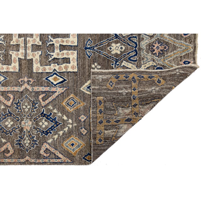 Tribal Modern Tulu Style Wool Area Rug – Geometric Tribal Motif in Earthy Brown & Cream For Sale - Image 3 of 11