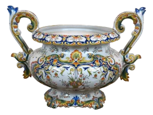Antique French Porcelain Faience Rouen Double Handled Urn Jardiniere Pot