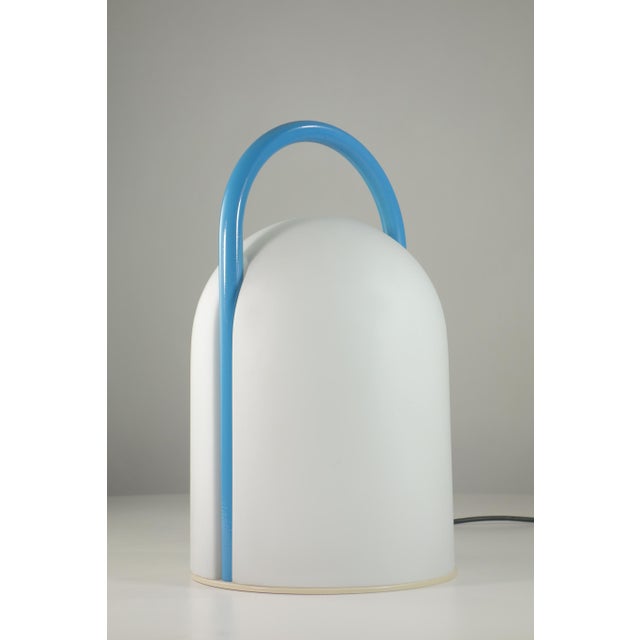 "Tender" Romolo Lanciani Tronconi Italy, 1980 White Frosted Glass Shade Clear Blue Metal and White Metal Base Perfect...