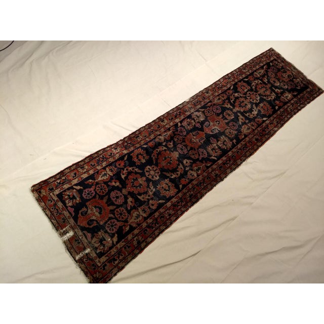 Persian Antique Persian Sarouk Lilian Runner Rug, Hand-Knotted Wool, Floral Pattern, Navy & Red, 3x9 For Sale - Image 3 of 12