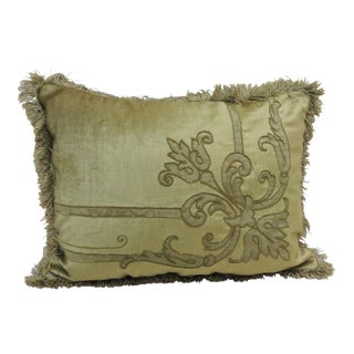 Antique Silk Velvet Olive Green Applique Decorative Bolster Pillow For Sale