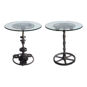 1960s Industrial Cast Iron Gear Wheel Tables with Circular Glass Tops - Set of 2