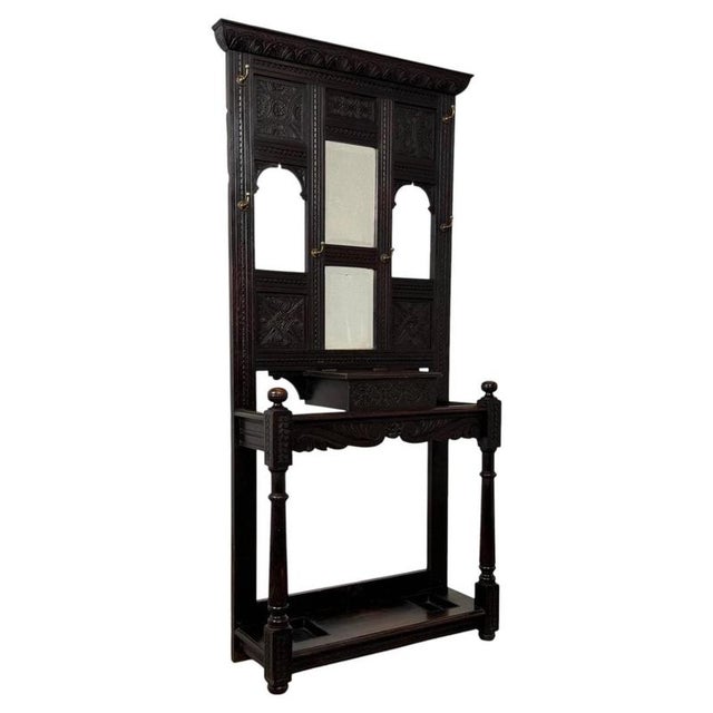 19th Century Antique English Victorian Carved Oak Hall Stand with Mirror For Sale - Image 3 of 12