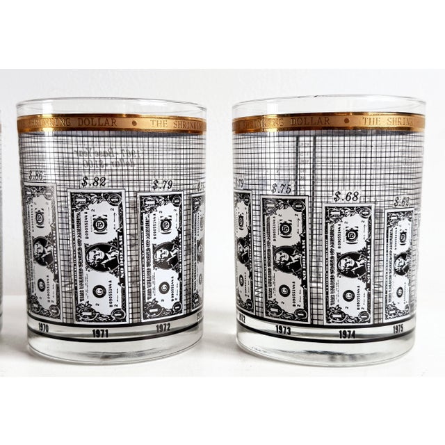 Vintage 1970s Financial 'Shrinking Dollar' Whiskey Glasses With Gold Rim - Set of 4 For Sale - Image 4 of 7