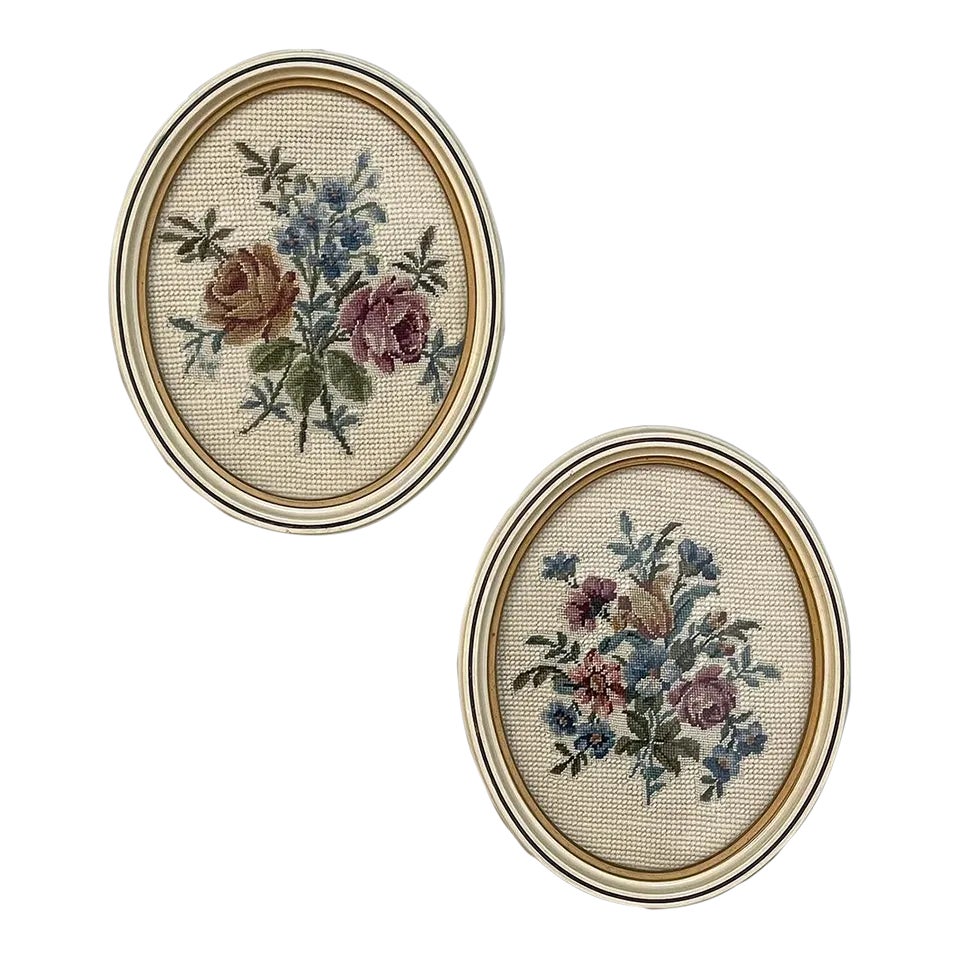 Pair Antique Needlepoint Works in Original Bakelite Frames | Chairish