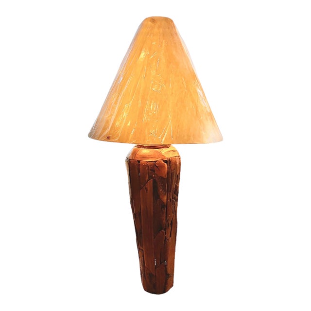 Late 20th Century Monumental Teak Root Floor Lamp With Burmese Silk Shade For Sale