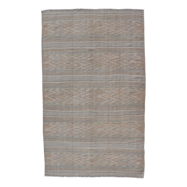 Mid 20th Century Striped Hand Woven Turkish Flat-Weave Kilim in Muted Colors and Tribal Motifs For Sale