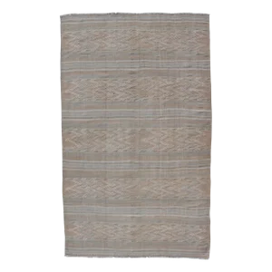 Mid 20th Century Striped Hand Woven Turkish Flat-Weave Kilim in Muted Colors and Tribal Motifs