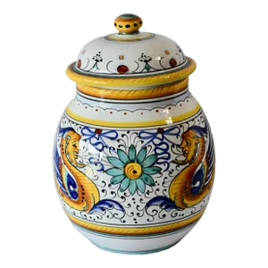 1980s Fima Deruta Raffaellesco Design Lidded Majolica Canister, Handmade in Florence