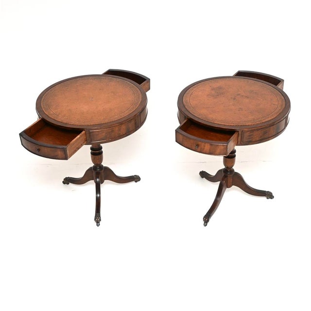 Hollywood Regency Regency Leather Top Drum Tables, 1950s, Set of 2 For Sale - Image 3 of 11