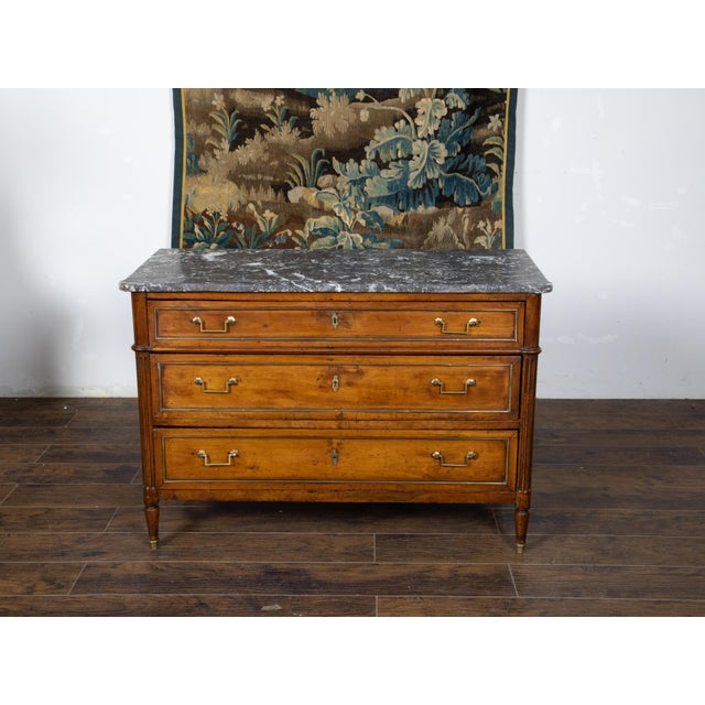 19th Century French Directoire Style 19th Century Walnut Commode with Grey Marble Top For Sale - Image 5 of 12