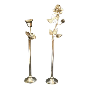 Mid 20th Century Silverplate Bud Vases With Roses and a Bell - Set of 4 Items