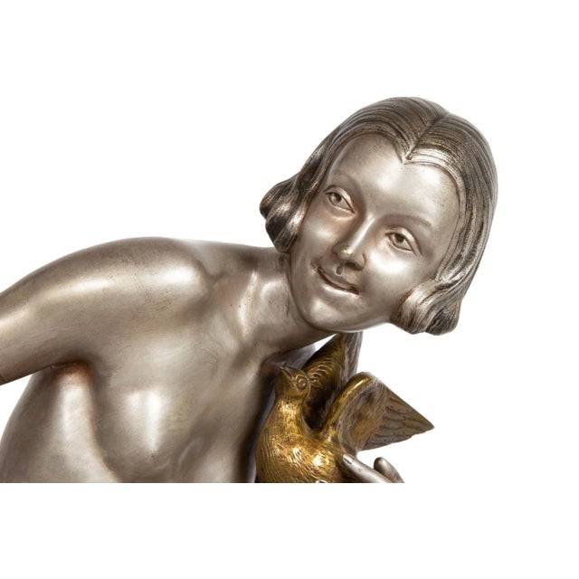 French Art Deco Silvered Bronze Sculpture “Woman W/ Bird” by Armand Godard For Sale - Image 6 of 13