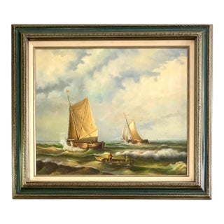 Early 20th Century Nautical Oil Painting, Boats on Fishing Trip, Signed E. Ponthier, Framed, 31"w For Sale