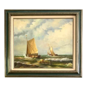 Vintage Large Painting Boats on Fishing Trip Signed E.Ponthier