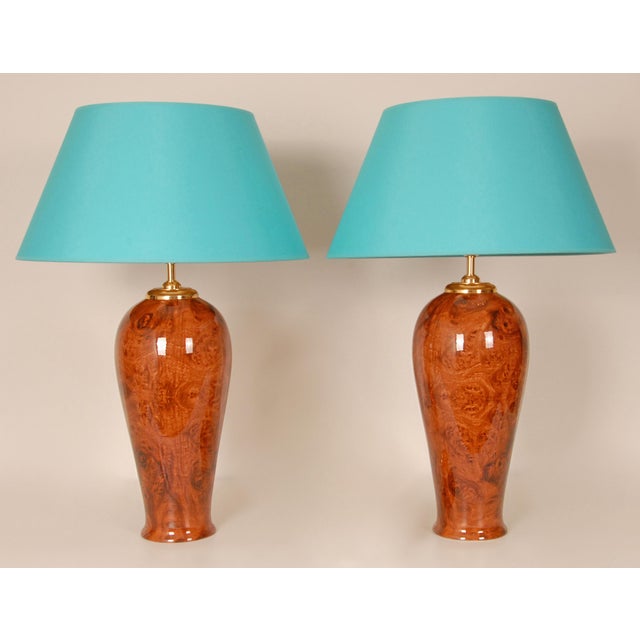 Vintage Table Lamps Faux Elm Burl Wood French Ceramic Vase Lamps Brown Cognac - A Pair For Sale - Image 11 of 11