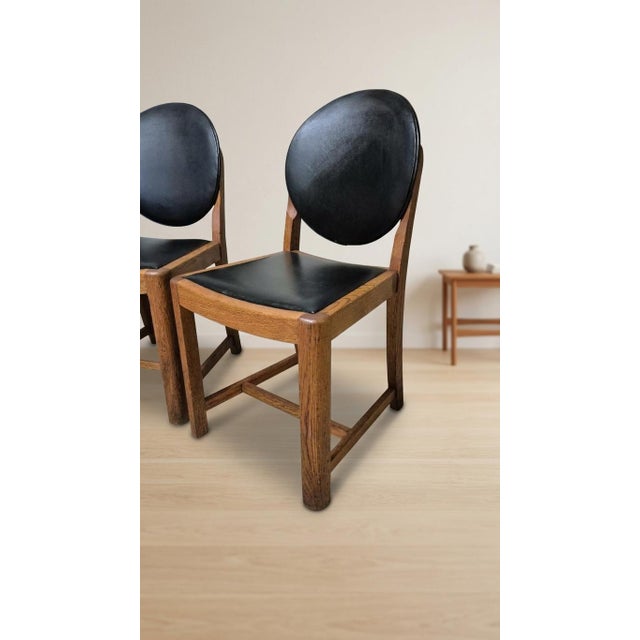 Vintage Wooden Dining Chairs with Black Leather Upholstery, 1940s, Set of 4 For Sale - Image 14 of 17