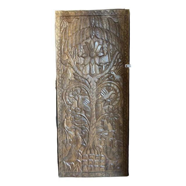 Vintage Tree of Life Carved Sliding Barn Door – Reclaimed Wood Rustic Statement Door Panel 84x36 For Sale