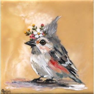 Floriferous Bird, Study 3 by Carrie Goller | Oil and Encaustic Bird With Flower Crown For Sale