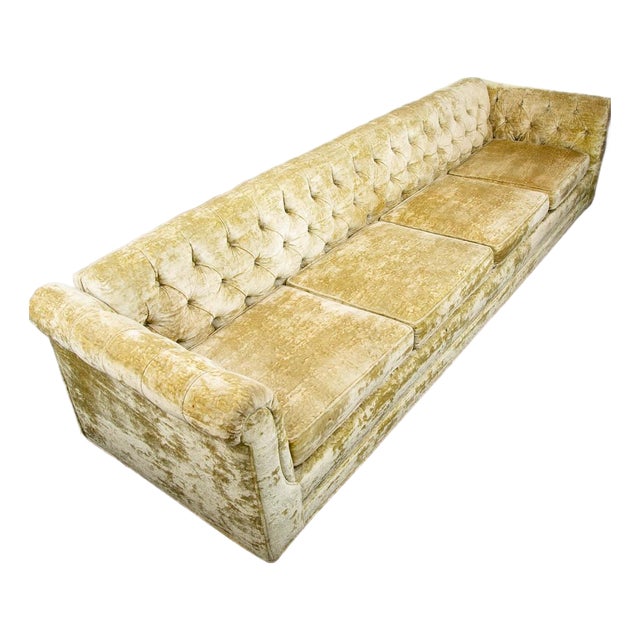 Mid Century Danish Modern Sofa Couch Green Velour 4 Seater Tufted Vintage MCM For Sale