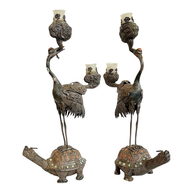 Pair of 19th Century Chinese 2-Arm Candelabra Representing Herons Standing on the Backs of Turtles For Sale