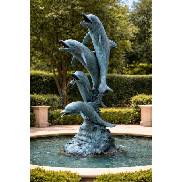 A striking and architecturally scaled American bronze fountain sculpture featuring four dynamically modeled dolphins...