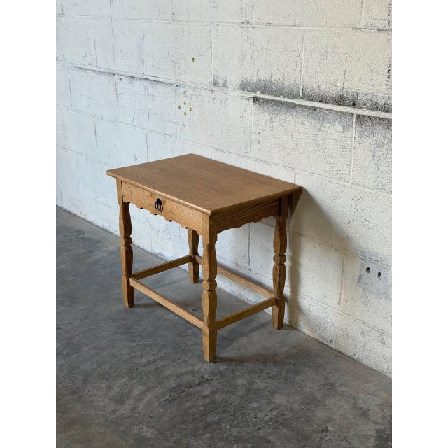 1970s Oak Side Table With Single Drawer Turned Legs and Metal Pull Accent Vintage 1970s For Sale - Image 5 of 10