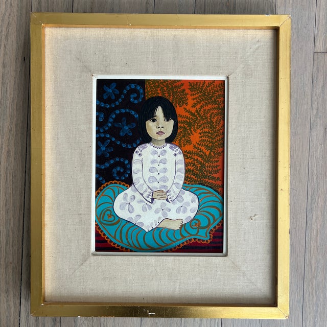 1970s Original Argentine Signed M. Hester Acrylic on canvas Painting of a Young Girl