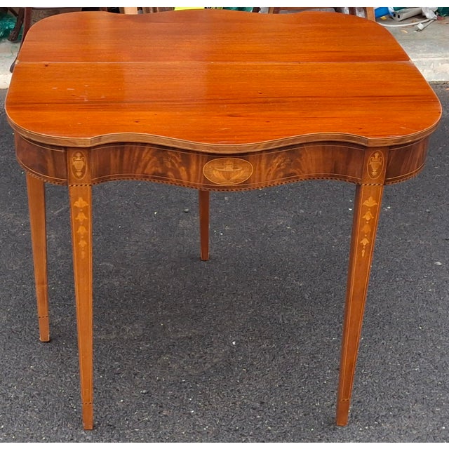Late 19th Century Pair of 19th Century Federal Satinwood Inlaid Mahogany Fold Top Card or Console Tables For Sale - Image 5 of 15