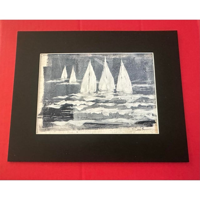 An evocative monochromatic maritime painting depicting a fleet of white-sailed boats moving across a lively, textured sea....