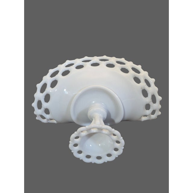 Mid 20th Century Vintage Westmoreland Milk Glass Lace Pedestal Center Piece Oval Basket Serving Platter For Sale - Image 5 of 7