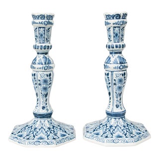 Vintage Dutch Delft Floral Candlesticks - A Pair For Sale