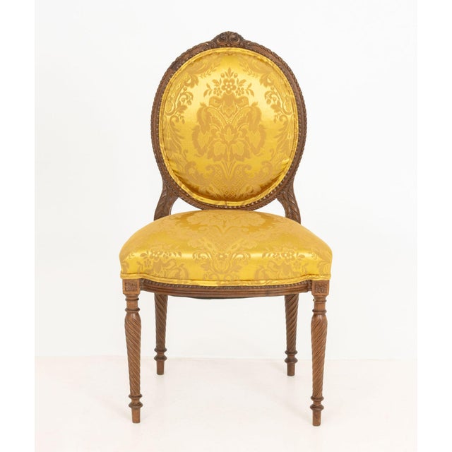 Louis XVI Style Yellow Silk Damask Upholstered Walnut Side Chair, with balloon back and carved wood frame. 35.5" H x 20" W...