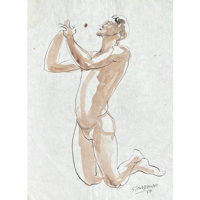 1950s 1958 Walter Stawuszewski Begging Małe Nudę Watercolor For Sale - Image 5 of 5