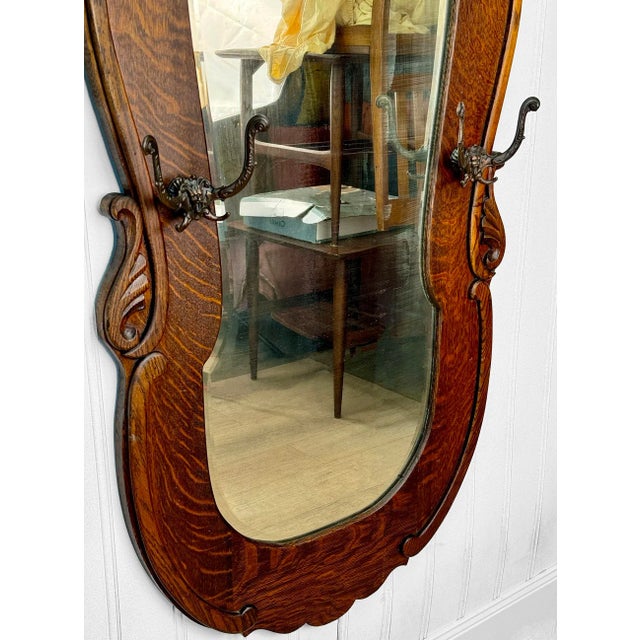 Antique Large Victorian Oak Entryway Wall Mirror W/ Hat Hooks | Chairish