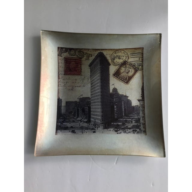 Traditional Hand-Made Leafed Art Glass Plate With Collage of Flat Iron Building, Ny Stamps and Post Mark For Sale - Image 3 of 6