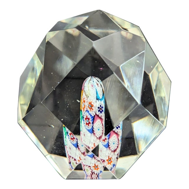 Vintage Fratelli Toso Style Faceted Murano Style Glass Paperweight With Millefiori Core For Sale