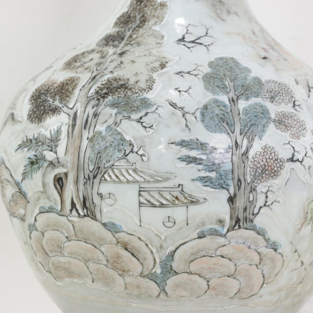 Antique Chinese Porcelain Landscape Vase Lamp Hand Painted Mountain and Pavilion Motif For Sale - Image 9 of 14