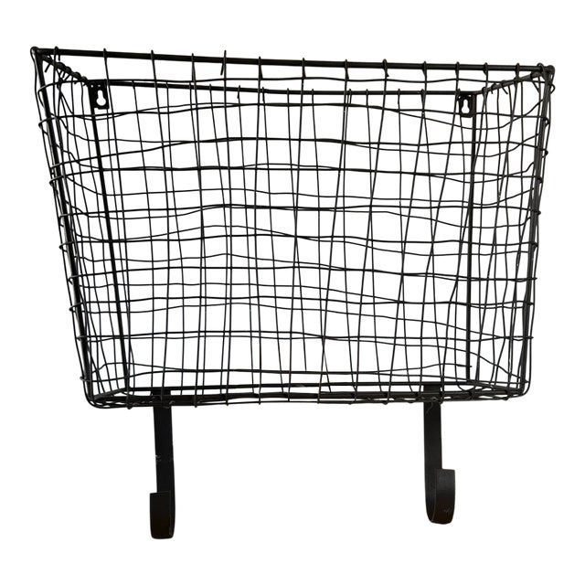 1930's Large Antique French Wirework Crimped Wire and Metal Wall Pocket Hanging Basket For Sale