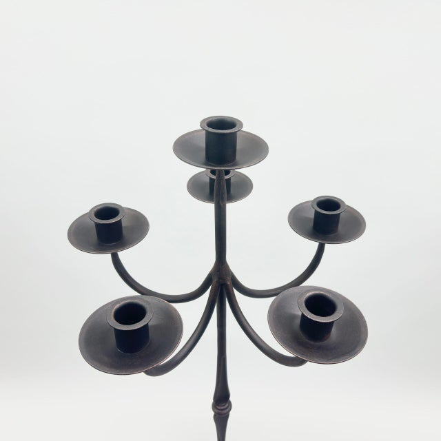 2020s Hand Forged Iron Floor Candelabra 44.5″ (113cm) Antique Copper Patina 6-Arm Grand Cluster Candle Holder Decor For Sale - Image 5 of 7