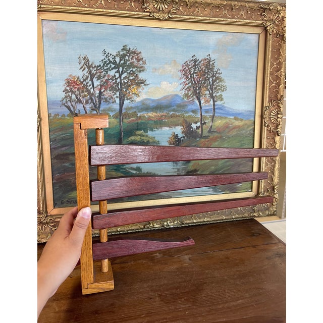 Mid-Century Modern Vintage Wooden Swing-Arm Wall-Mounted Quilt or Towel Rack in Likely Oak and Mahogany. For Sale - Image 3 of 10