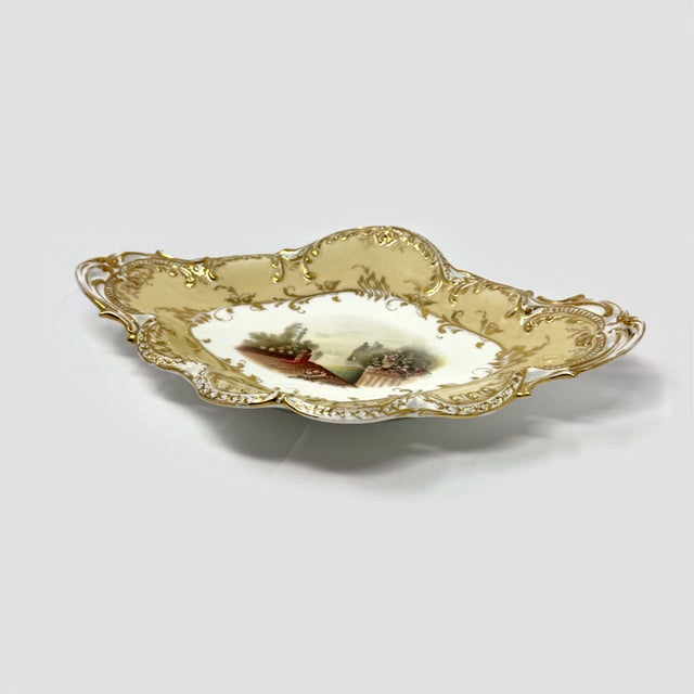 Victorian Antique Victorian Yellow & Gold Porcelain Serving Dish Platter Pierced Handles For Sale - Image 3 of 5